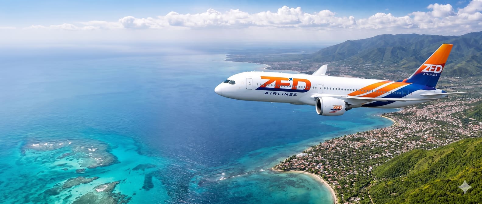 ZED Airlines aircraft flying above a Caribbean coastline